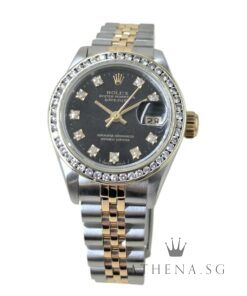 ROLEX 18K HALF YELLOW GOLD OYSTER PERPETUAL LADIES SIZE DATEJUST 26MM “E” SERIES “BLACK DIAMOND DIAL” WITH CUSTOMISED DIAMOND BEZEL 69173 (WATCH ONLY)