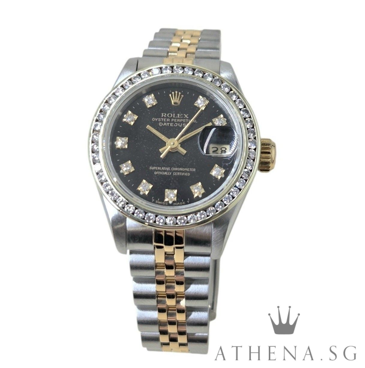 ROLEX 18K HALF YELLOW GOLD OYSTER PERPETUAL LADIES SIZE DATEJUST 26MM “E” SERIES “BLACK DIAMOND DIAL” WITH CUSTOMISED DIAMOND BEZEL 69173 (WATCH ONLY)