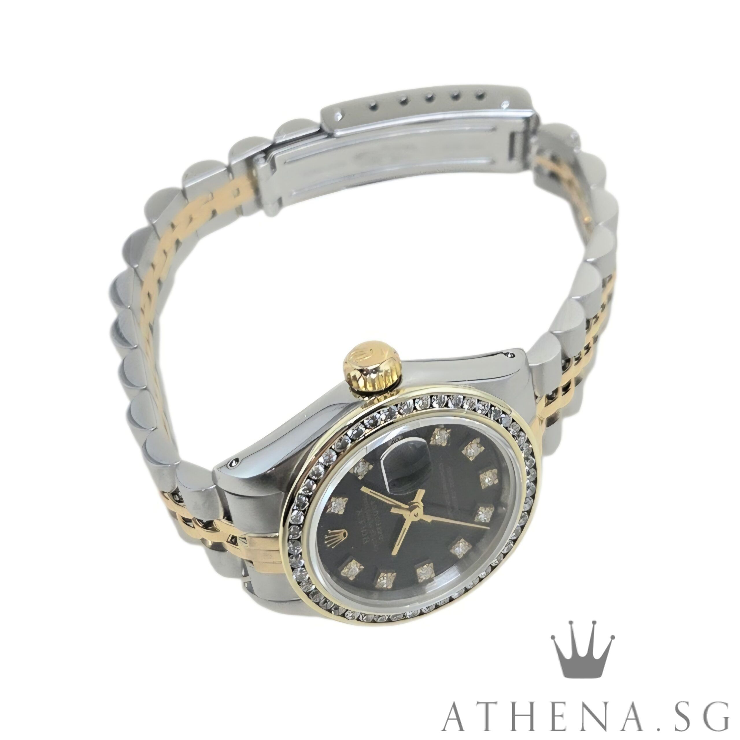 ROLEX 18K HALF YELLOW GOLD OYSTER PERPETUAL LADIES SIZE DATEJUST 26MM “E” SERIES “BLACK DIAMOND DIAL” WITH CUSTOMISED DIAMOND BEZEL 69173 (WATCH ONLY) - Image 2