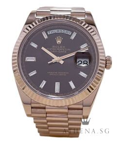 18K EVEROSE GOLD ROLEX OYSTER PERPETUAL DAY-DATE 40MM "AN" SERIES "CHOCOLATE BAGUETTE DIAMOND DIAL" WITH CERT DATED (10/2015) 228235