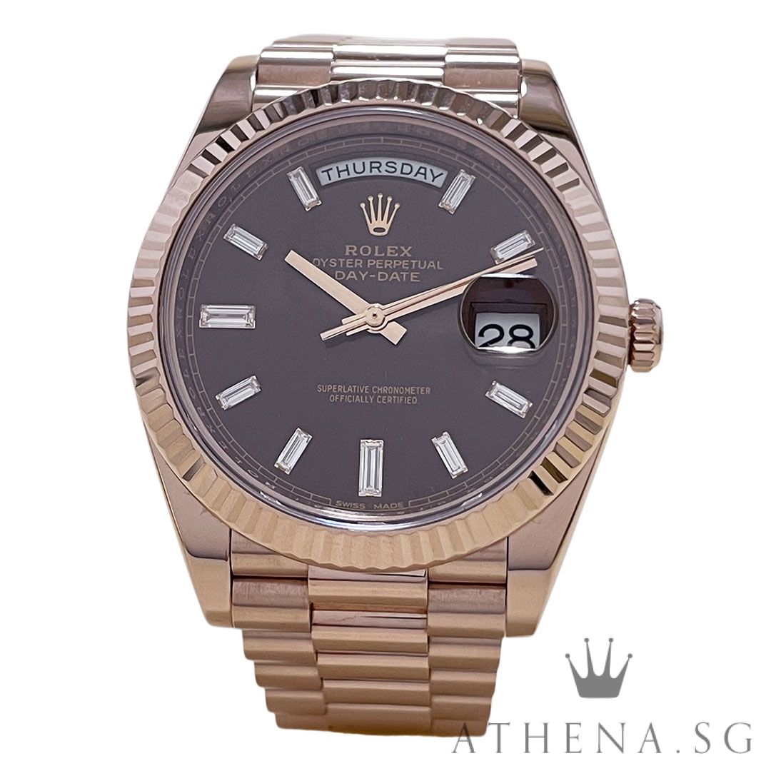 18K EVEROSE GOLD ROLEX OYSTER PERPETUAL DAY-DATE 40MM "AN" SERIES "CHOCOLATE BAGUETTE DIAMOND DIAL" WITH CERT DATED (10/2015) 228235
