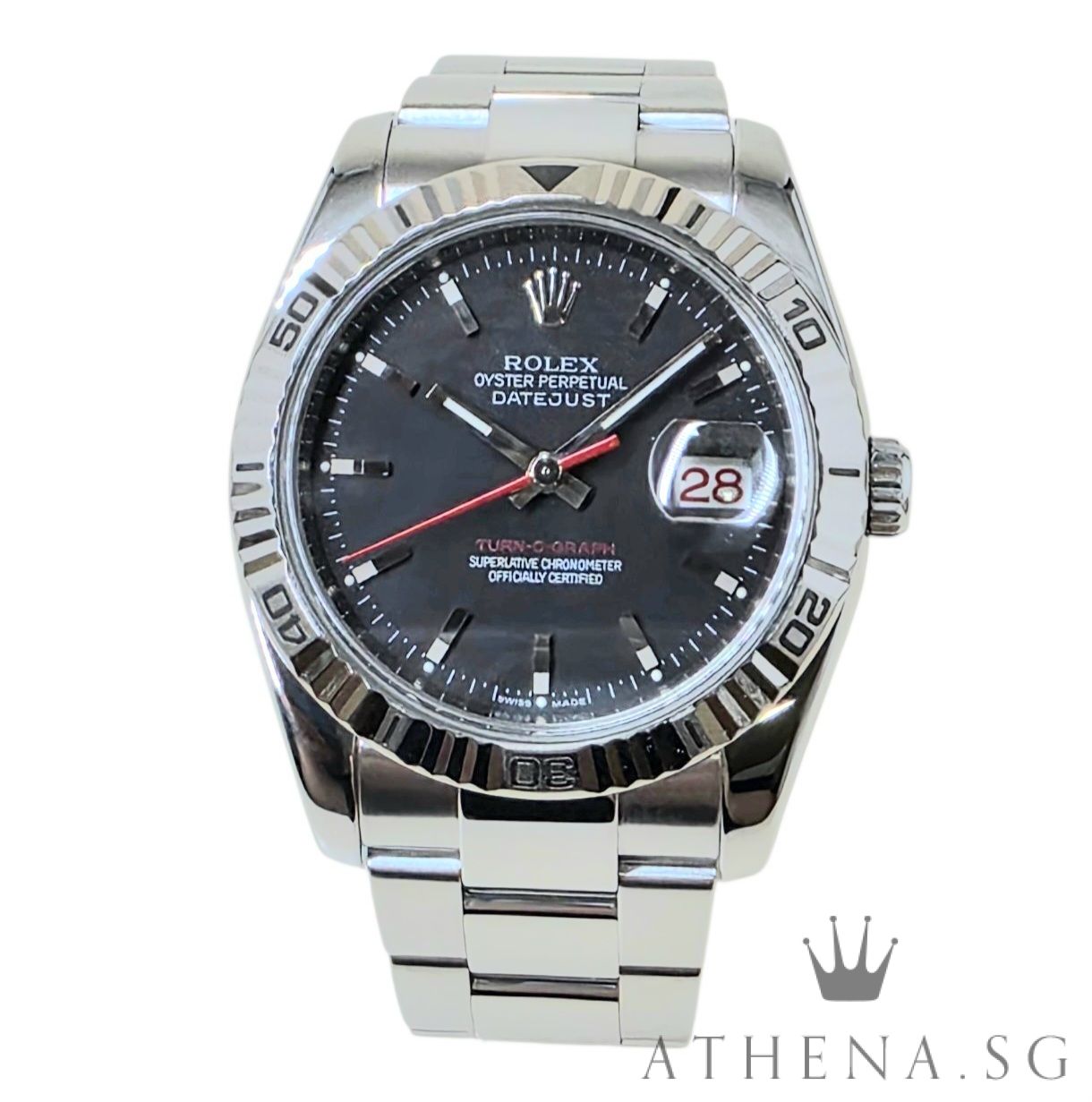ROLEX MENS OYSTER PERPETUAL DATEJUST TURN-O-GRAPH "M" SERIES "BLACK INDEX DIAL" WITH CERT DATED 08/2009 116264