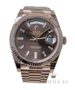 18K EVEROSE GOLD ROLEX OYSTER PERPETUAL DAY-DATE 40MM "AN" SERIES "CHOCOLATE BAGUETTE DIAMOND DIAL" WITH CERT DATED (10/2015) 228235 [RETAIL $83,050 SGD]
